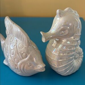 Ceramic Fish & seahorse iridescent lot figurine set nautical